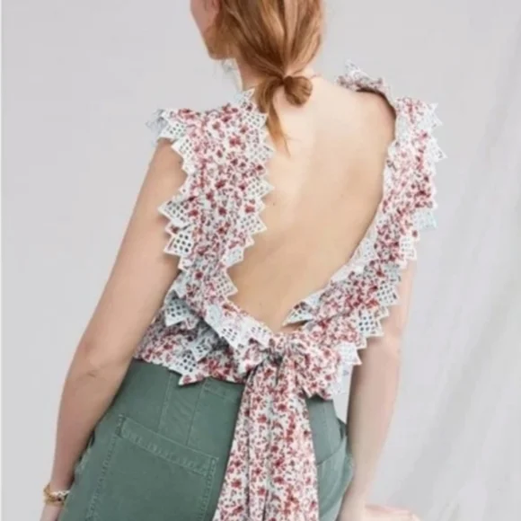 NWOT Anthropologie Blue Tassel Trina floral dark red/ mint embroidered top - Picture 11 of 14